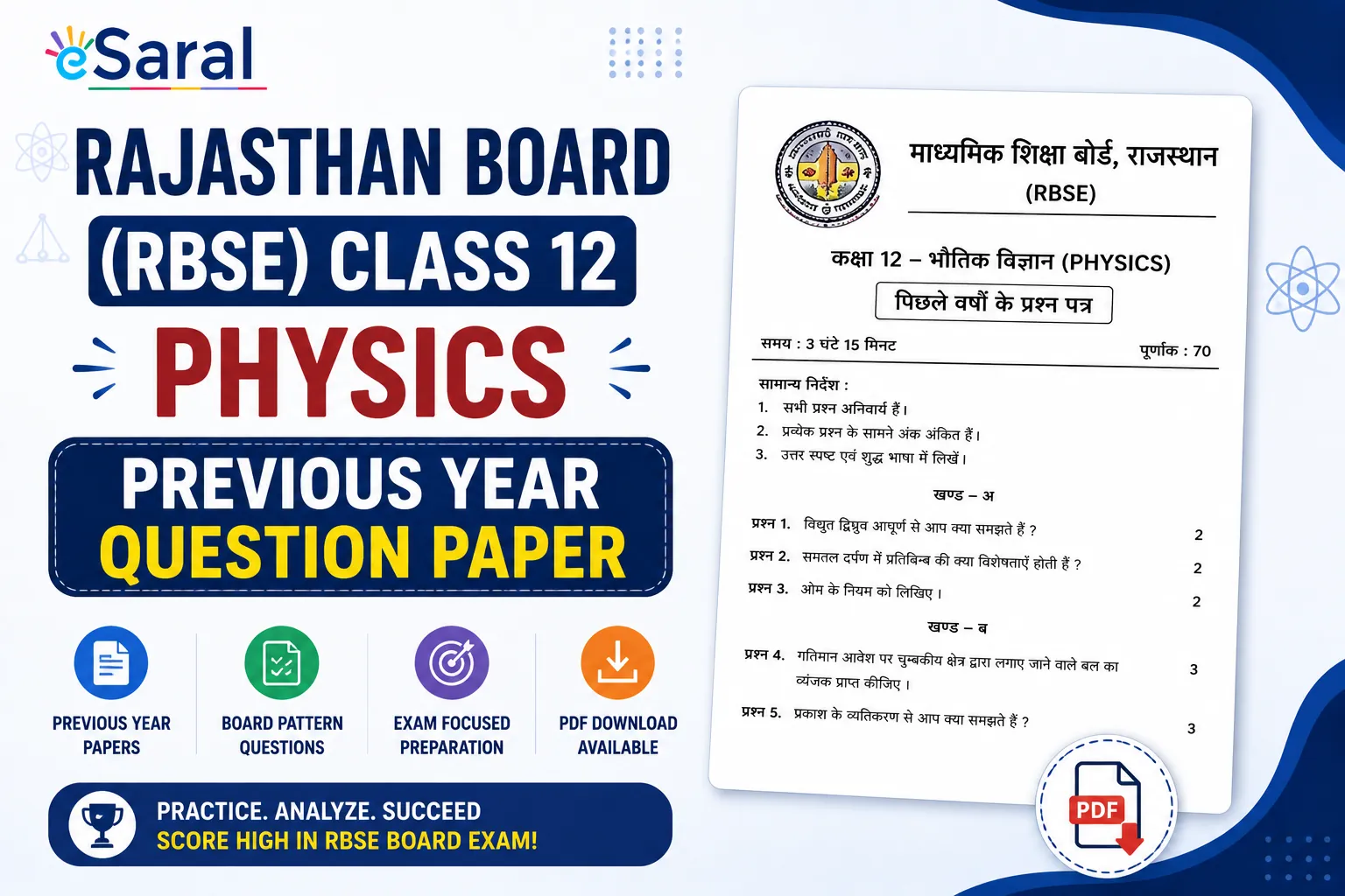 Rajasthan Board (RBSE) Class 12 Physics Previous Year Question Paper- PDF Download